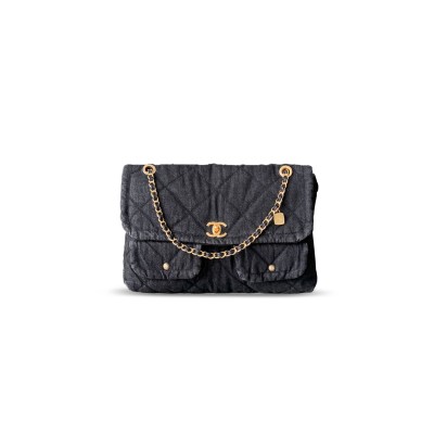 CHANEL CLASSIC FLAP BAG BLACK QUILTED DENIM WITH GOLD-TONE CHAIN 329371 (39*25*9cm)